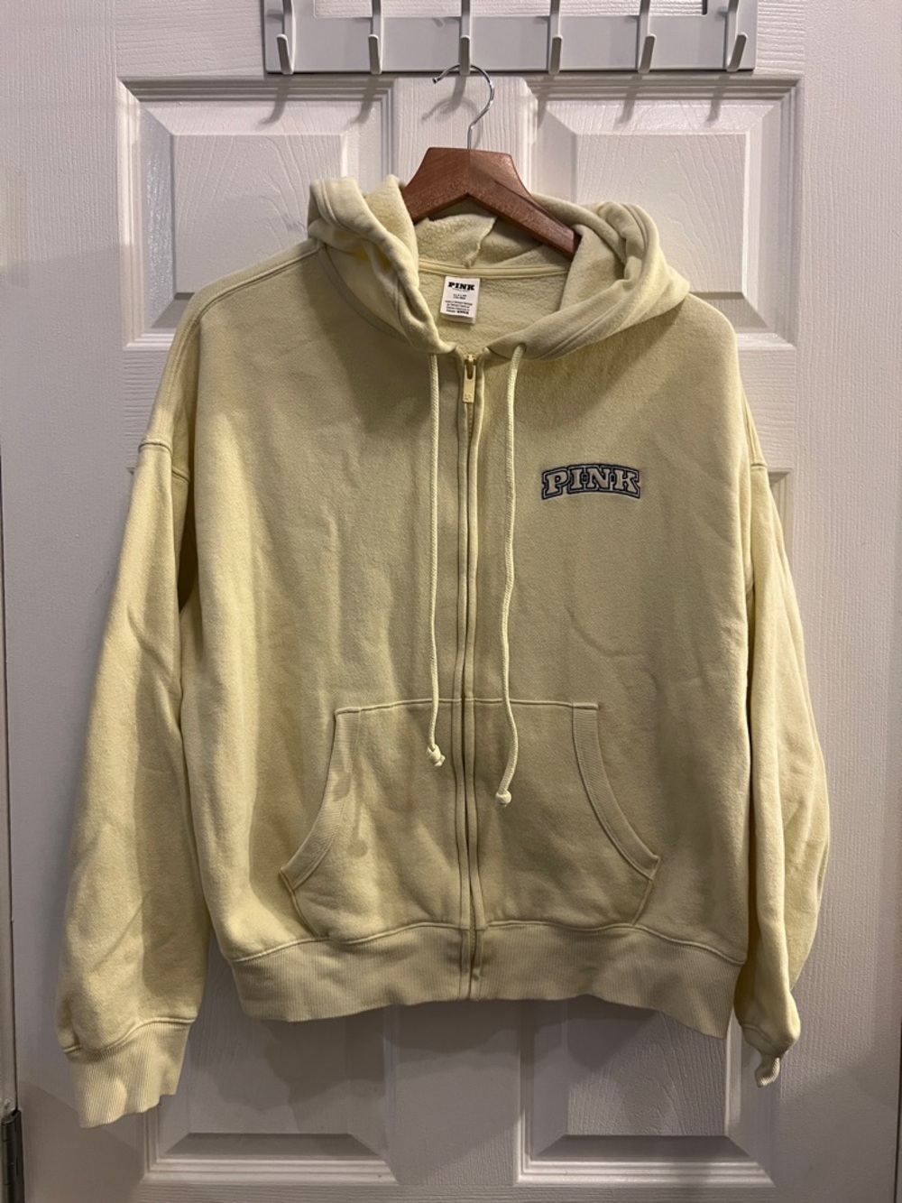 PINK Cream Full-Zip Hooded Sweatshirt with Embroidered Logo